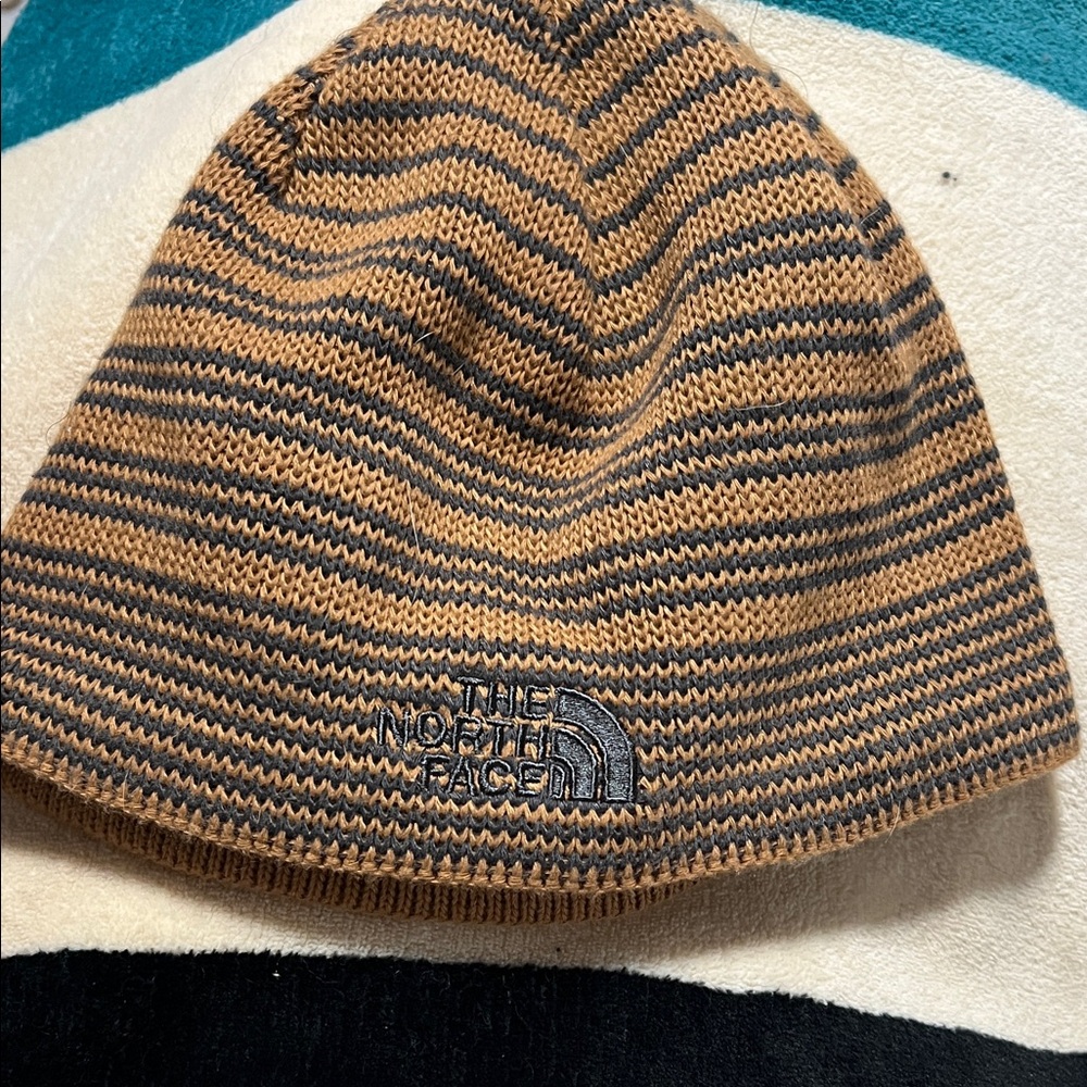 The North Face Brown and Black Striped Knit Beanie